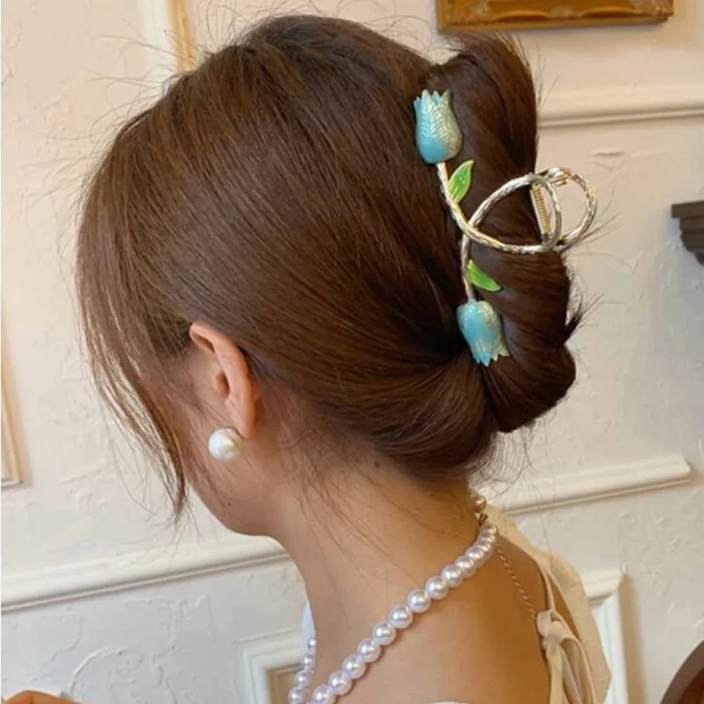 Double Blue Tulips Large Gold Hair Claw Clip